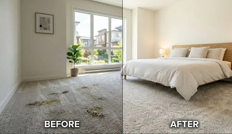 Before and after carpet cleaning results in Langley BC showing dirty stained carpet on the left and clean fresh carpet on right