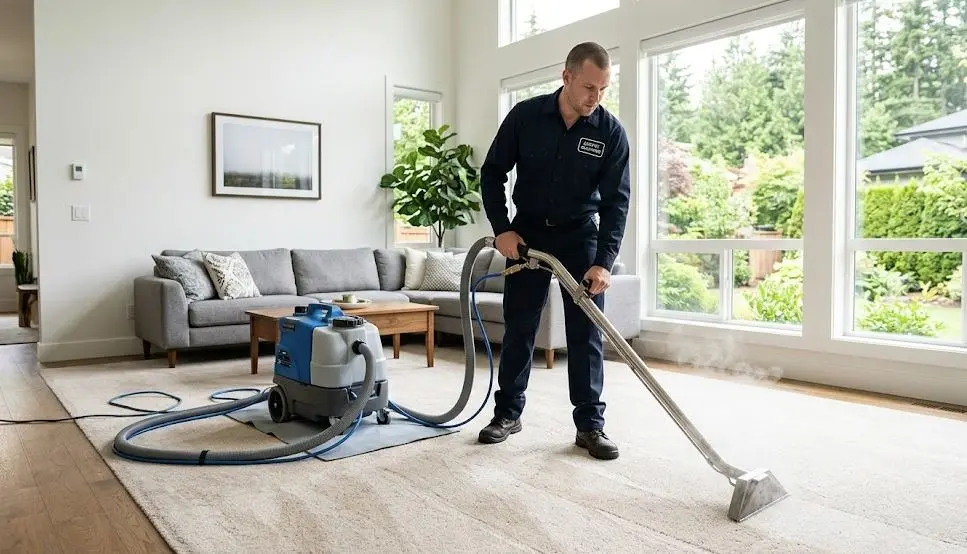 carpet cleaning cost Langley BC professional technician using hot water extraction machine on residential carpet