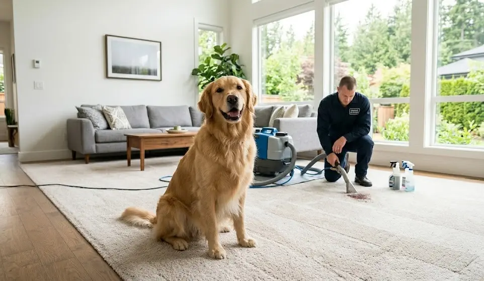 Golden retriever sitting on clean carpet while professional carpet cleaner treats pet stain in Langley BC home