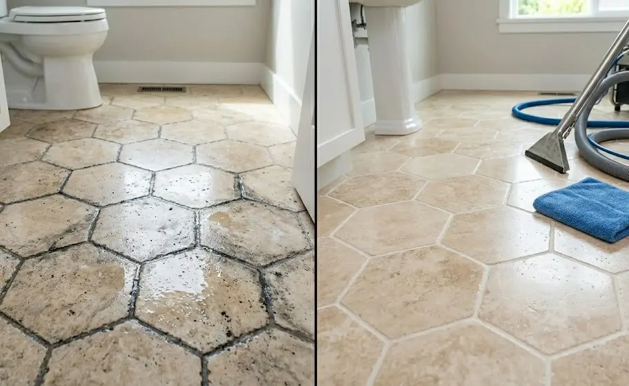 Before and after professional tile cleaning service results in Langley BC home