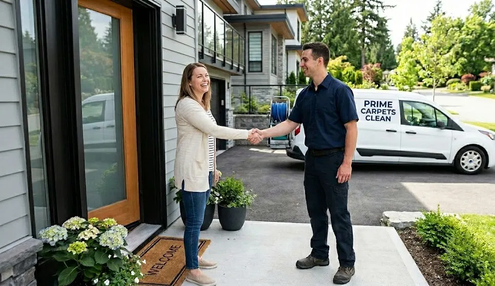 Professional carpet cleaning company technician greeting homeowner in Langley BC