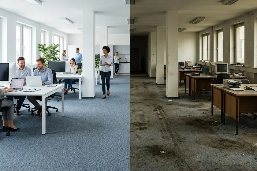 Dirty office carpet vs clean office carpet showing impact on Langley BC business environment