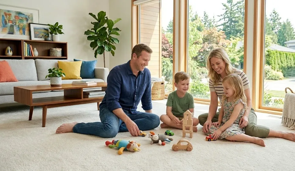 Happy family relaxing on freshly cleaned carpet by professional carpet cleaning company in Langley BC