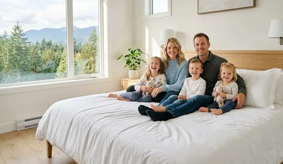 Happy Langley BC family enjoying freshly cleaned mattress from professional mattress cleaning service