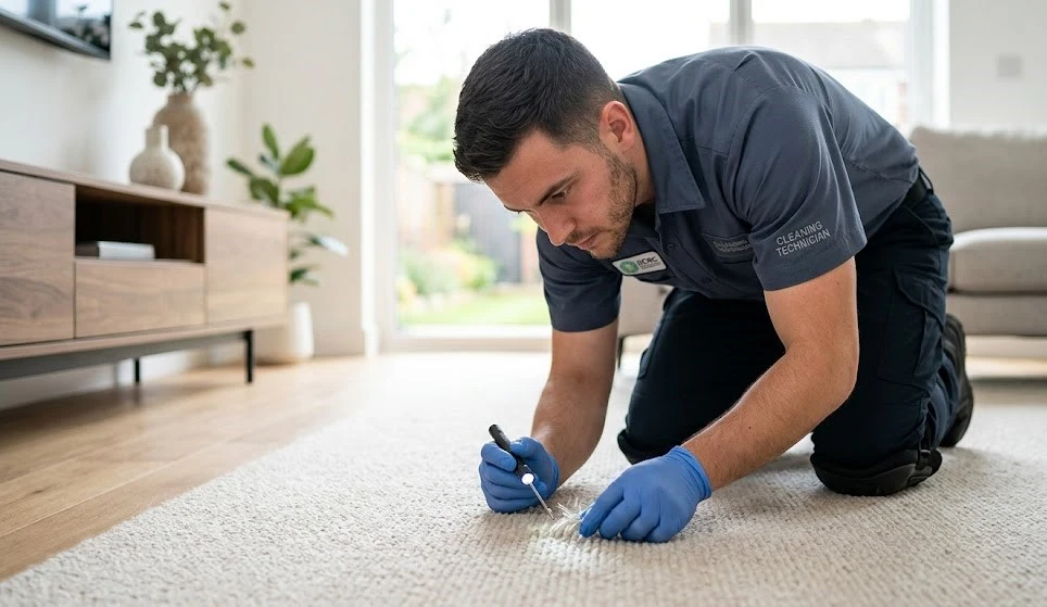 IICRC certified carpet cleaning company technician inspecting carpet in Langley BC home
