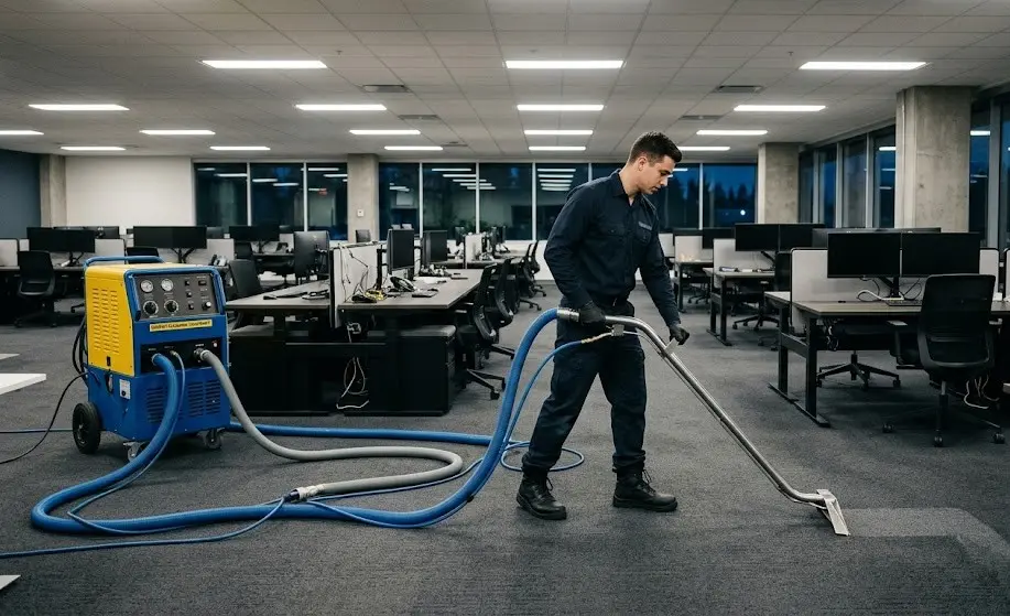 Professional office carpet cleaning technician cleaning commercial carpet in Langley BC office