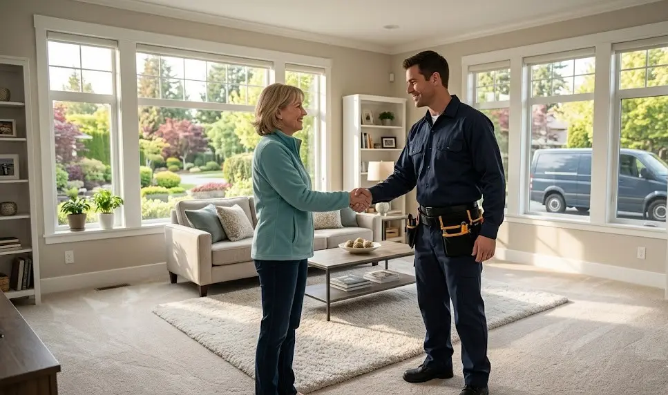 Professional legitimate carpet cleaning company technician in Langley BC home