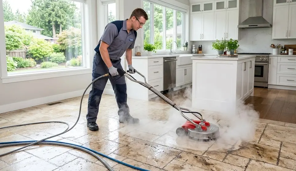 Professional grout cleaning service langley bc A technician cleaning kitchen floor in Langley BC home