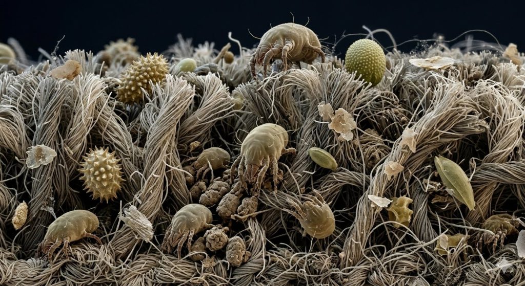 microscopic dust mites pollen and pet dander trapped in carpet fibres showing why carpet cleaning helps with allergies