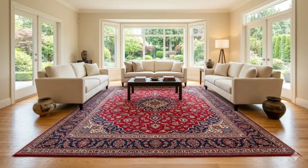 Freshly professionally cleaned Persian area rug in Langley BC home by Prime Carpets Clean