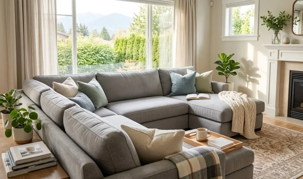 freshly professionally cleaned sectional sofa in Langley BC home by Prime Carpets Clean sofa cleaning service