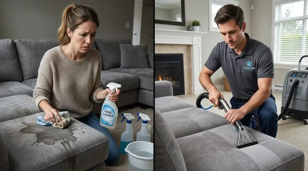 DIY sofa cleaning vs professional sofa cleaning Langley BC comparison showing risks of home cleaning