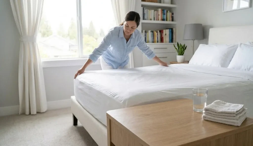 Langley BC homeowner using mattress protector following mattress cleaning guide Langley BC maintenance tips