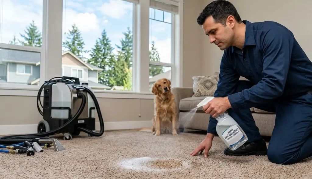 professional enzyme treatment applied to permanently fix why pet smell comes back after cleaning carpet Langley BC