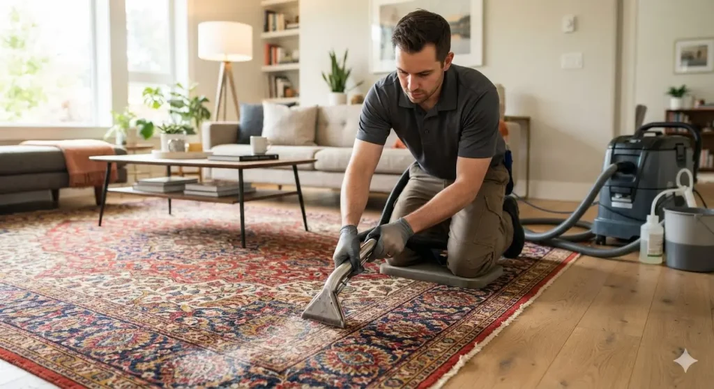 Professional rug cleaning technician cleaning Persian area rug in Langley BC home