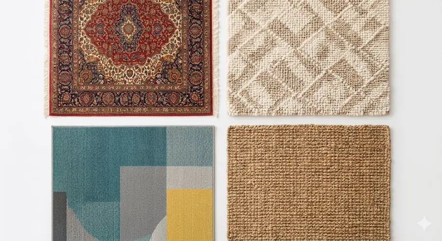 Different rug types requiring specialist rug cleaning in Langley BC including Persian wool and synthetic
