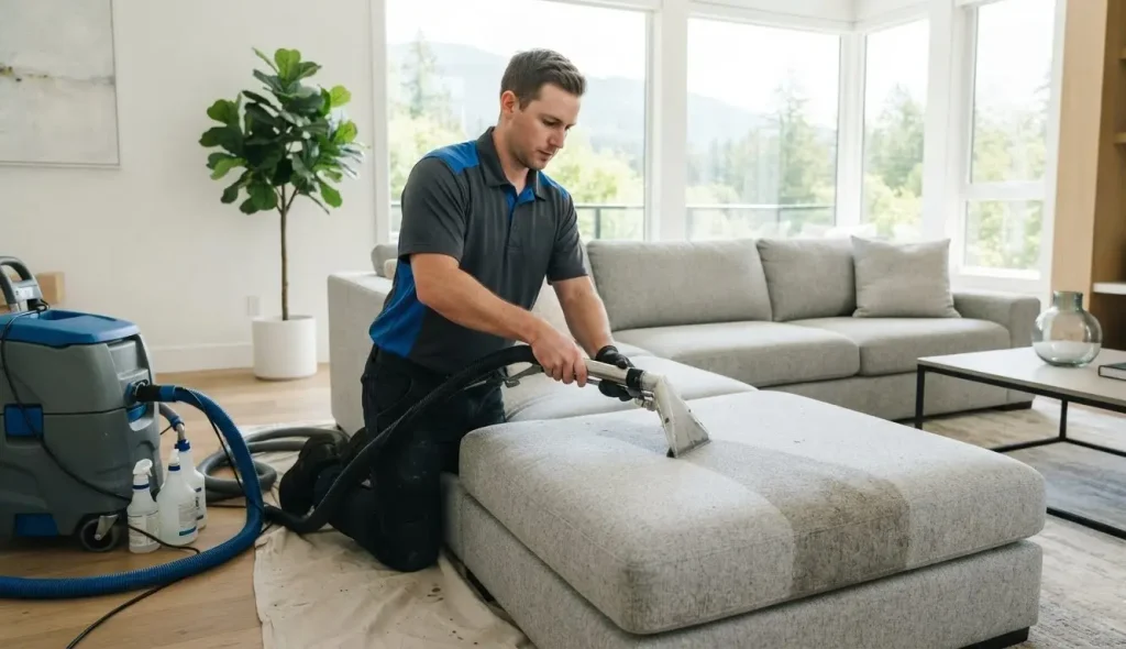 professional sofa cleaning Langley BC technician cleaning grey fabric sofa in modern living room