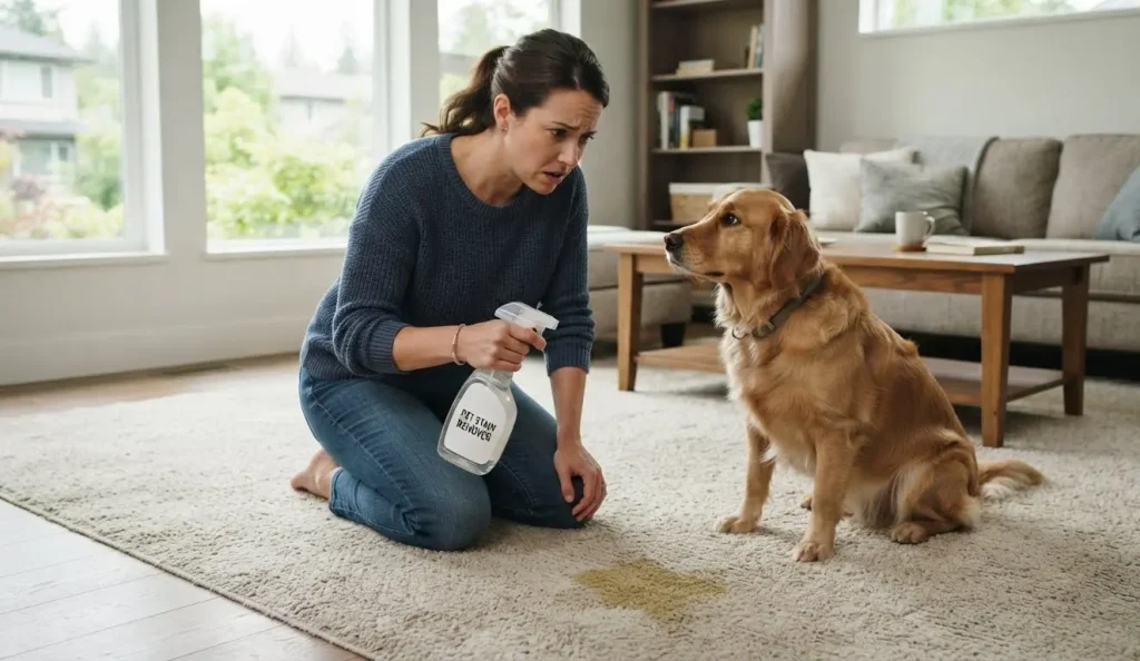 frustrated homeowner wondering why does pet smell come back after cleaning carpet with dog nearby
